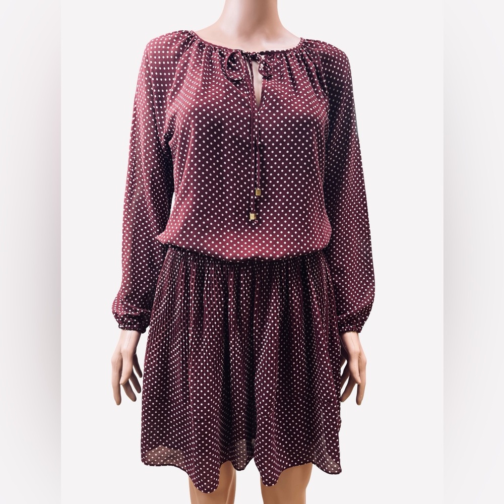 Michael Kors Maroon Polka Dot Long Sleeve Dress XS
